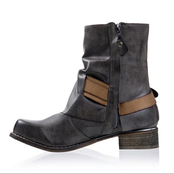 Gray Vegan Leather Moto Boots Styled w/Strap & Buckle by Lala Ikai - Picture 9 of 14